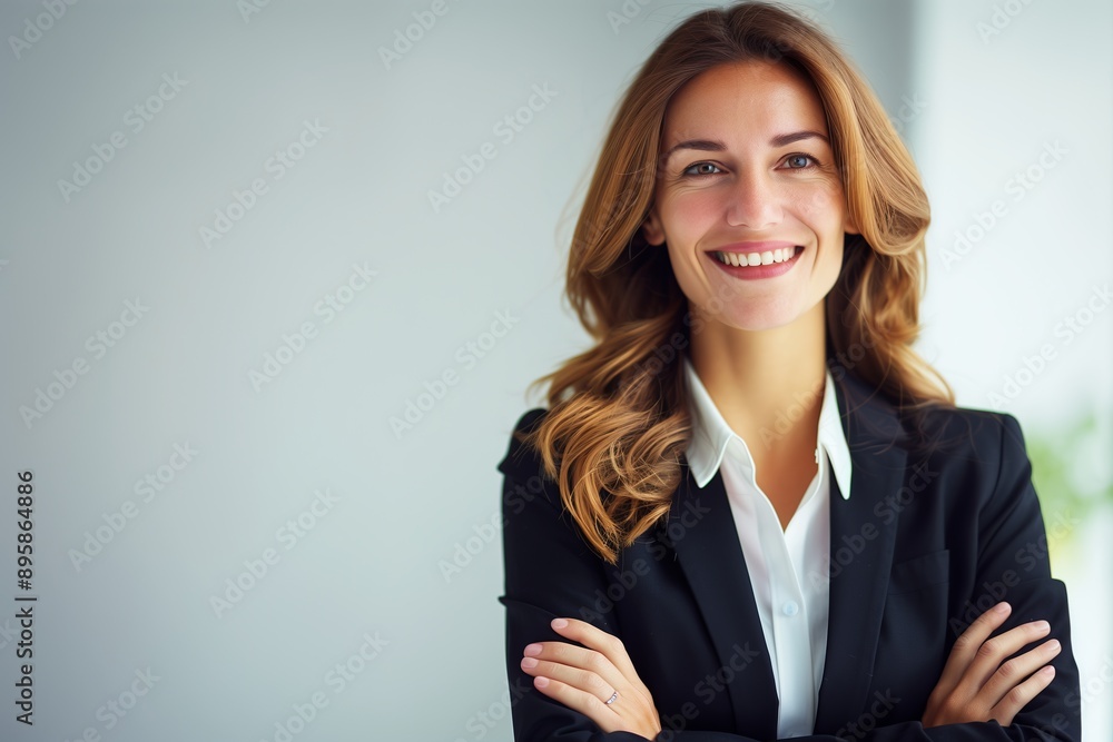 Portrait of a smiling corporate woman with arms crossed on a plain background. Portrait of a smiling corporate woman with arms crossed on a plain background.