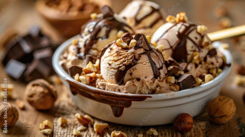 Delicious scoops of ice cream topped with chopped nuts and rich chocolate drizzle in a white bowl on a wooden table. Delicious scoops of ice cream topped with chopped nuts and rich chocolate drizzle in a white bowl on a wooden table.