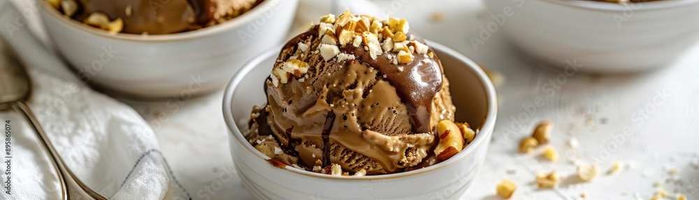 Close-up of a bowl of chocolate ice cream topped with nuts and drizzled with chocolate sauce, perfect for dessert lovers. Close-up of a bowl of chocolate ice cream topped with nuts and drizzled with chocolate sauce, perfect for dessert lovers.