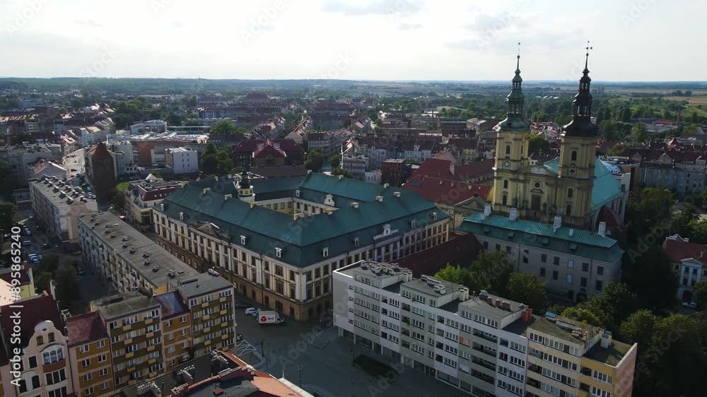 Legnica, Poland Medieval architecture of ancient Polish city from above, houses of Europe along street temple infrastructure
