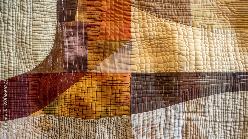 Textured modern quilted wall hanging with an abstract earth-toned pattern, complemented by natural light from a nearby window. Textured modern quilted wall hanging with an abstract earth-toned pattern, complemented by natural light from a nearby window.