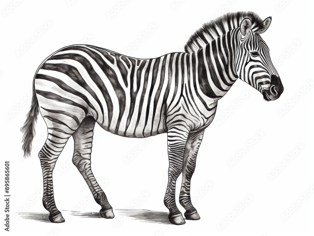 Obraz premium Black and white Vintage engraved art of a zebra isolated on white background, ink sketch illustration, simple vector art design, highly detailed line art, high contrasty 