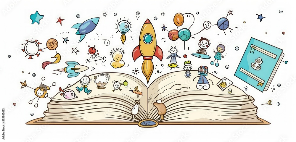 Hand-drawn cartoon vector of an open book with school icons, doodle style.
