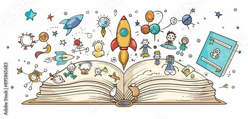 Obraz na płótnie Hand-drawn cartoon vector of an open book with school icons, doodle style. w salonie