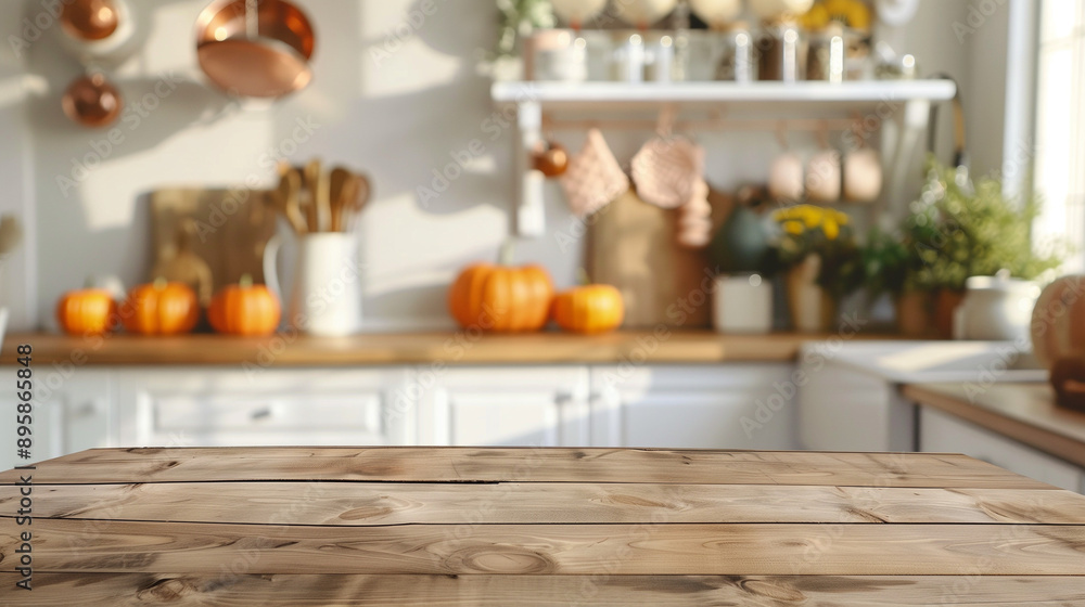 Rustic wooden table in an autumn kitchen, showcasing pumpkin decorations and ample space for content. Rustic wooden table in an autumn kitchen, showcasing pumpkin decorations and ample space for content.