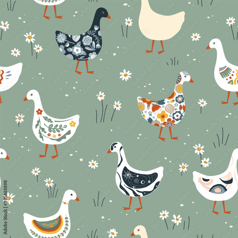 Obraz premium Cute geese or ducks with various patterns on their plumage walking in the grass. Nursery meadow seamless pattern. Vector