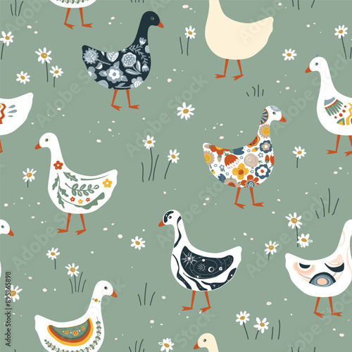 Cute geese or ducks with various patterns on their plumage walking in the grass. Nursery meadow seamless pattern. Vector