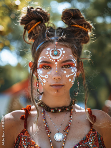 Young Woman with Tribal Face Paint and Jewelry at Outdoor Festival