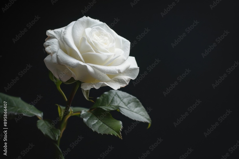 White Rose On Black Background. Symbolizing Melancholy and Death with Delicate Flower Element White Rose On Black Background. Symbolizing Melancholy and Death with Delicate Flower Element