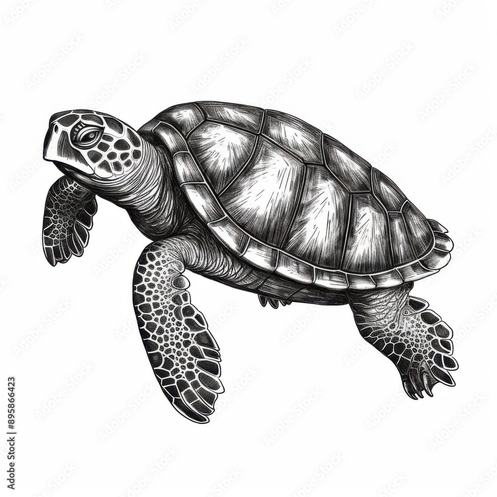 Fototapeta premium Black and white Vintage engraved art of a turtle portrait isolated on white background, ink sketch illustration, simple vector art design, highly detailed line art, high contrasty 