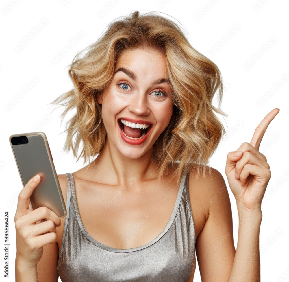 Naklejka premium PNG Excited woman holding smartphone