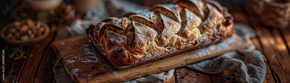 Delicious homemade loaf of bread with a golden crust, served on a rustic wooden board in a warm, cozy kitchen setting. Delicious homemade loaf of bread with a golden crust, served on a rustic wooden board in a warm, cozy kitchen setting.