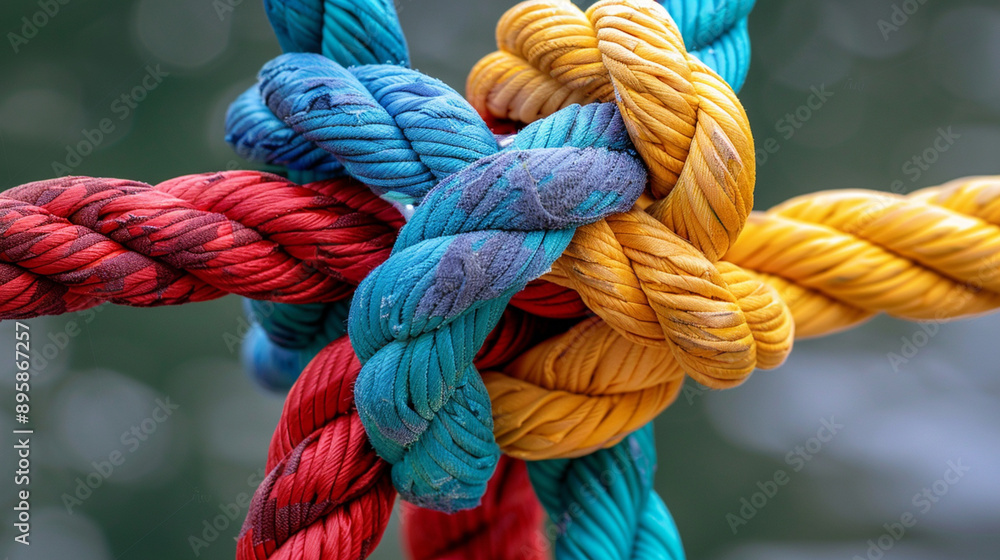 Close-Up of Colorful Ropes Intertwined in a Knot Close-Up of Colorful Ropes Intertwined in a Knot