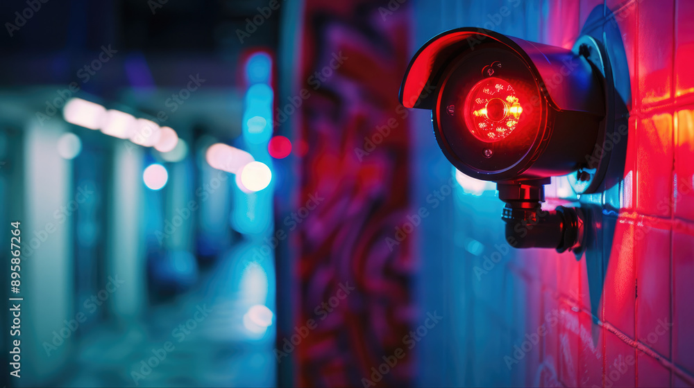 A camera in a dim corridor to ensure safety and security, monitoring the area A camera in a dim corridor to ensure safety and security, monitoring the area