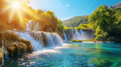 Waterfalls Krka, National Park, Dalmatia, Croatia. View of Krka National Park, Roski Slap location, Croatia, Europe. Beautiful world of Mediterranean countries. Traveling concept background photo