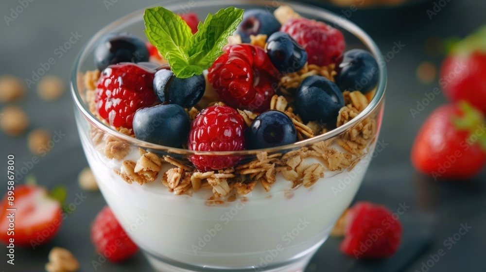 A healthy yogurt parfait with fresh berries, granola, and mint, presented in a glass bowl on a dark background. A healthy yogurt parfait with fresh berries, granola, and mint, presented in a glass bowl on a dark background.