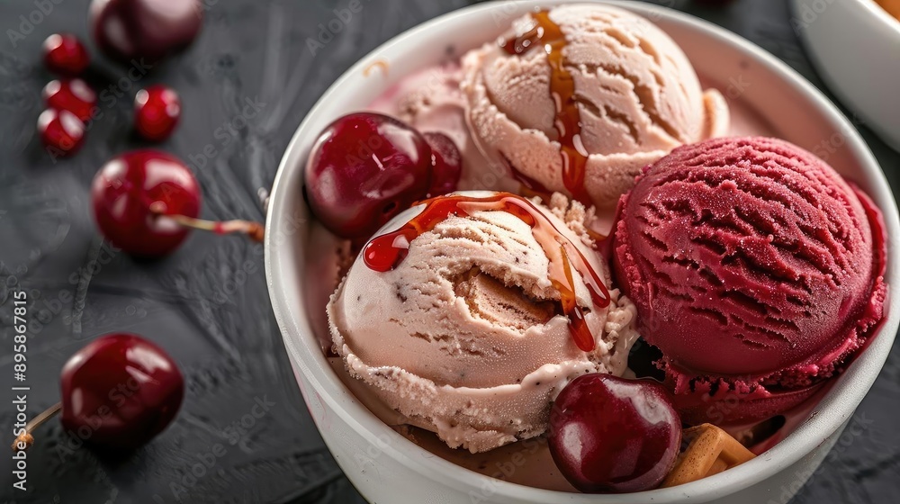 Delicious bowl of cherry ice cream with fresh cherries on dark background. Perfect for dessert and summer themes. Delicious bowl of cherry ice cream with fresh cherries on dark background. Perfect for dessert and summer themes.