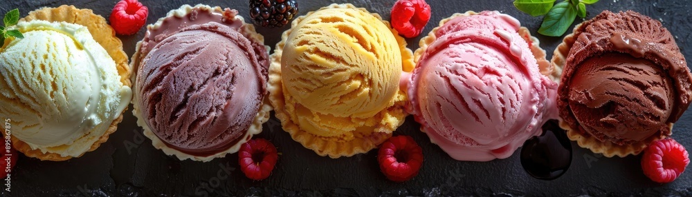 Colorful ice cream scoops in waffle cups, garnished with berries and leaves, presented on a dark background, top view. Colorful ice cream scoops in waffle cups, garnished with berries and leaves, presented on a dark background, top view.