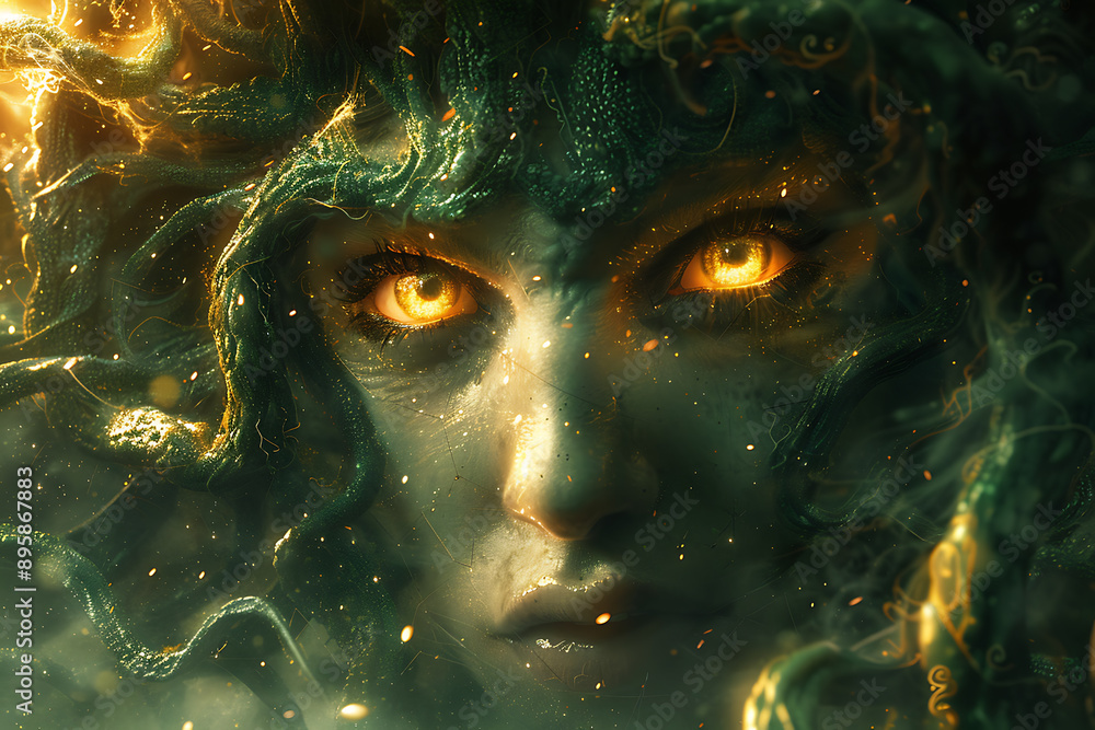 An artistic depiction of Medusa, characterized by her serpentine hair, fierce expression, and petrifying gaze An artistic depiction of Medusa, characterized by her serpentine hair, fierce expression, and petrifying gaze
