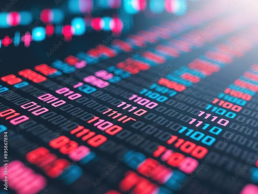 Abstract futuristic digital binary code data matrix with glowing red and blue numbers. Concept of technology, hacker, and cyber security. Abstract futuristic digital binary code data matrix with glowing red and blue numbers. Concept of technology, hacker, and cyber security.