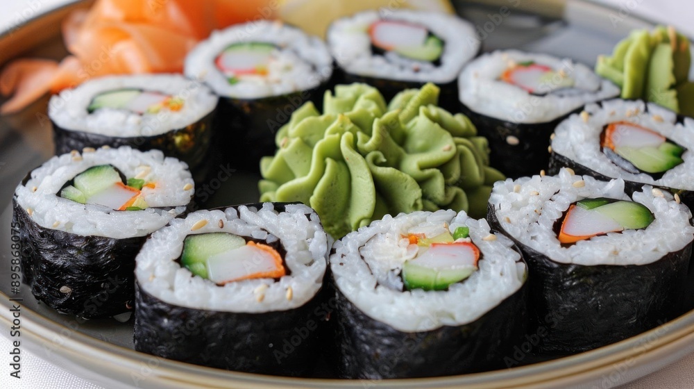 Close-up of delicious sushi rolls with crab, cucumber, and wasabi presented on a plate. High-quality Japanese cuisine. Close-up of delicious sushi rolls with crab, cucumber, and wasabi presented on a plate. High-quality Japanese cuisine.