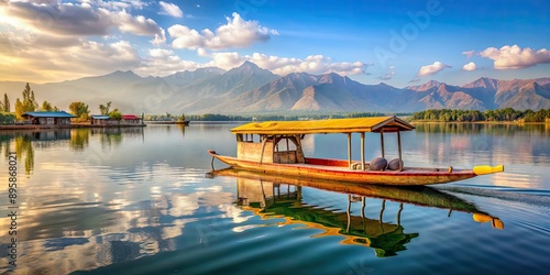 Shikara boat on serene Dal Lake in Srinagar, Jammu and Kashmir, India, Shikara, boat, Dal Lake, Srinagar photo