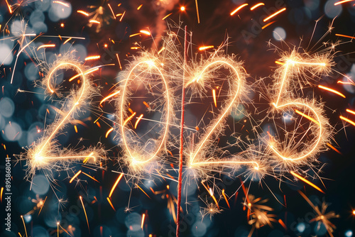 Happy New Year 2025 Sparkling Text with Fireworks