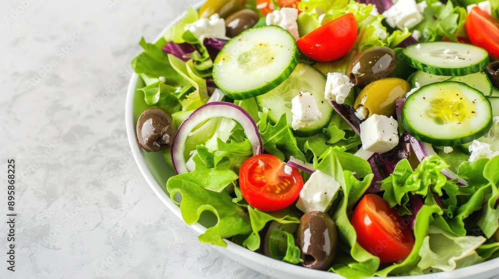 Fresh and vibrant Greek salad with mixed greens, cucumber, tomato, olives, red onion, and feta cheese served in a white bowl on a marble surface. Fresh and vibrant Greek salad with mixed greens, cucumber, tomato, olives, red onion, and feta cheese served in a white bowl on a marble surface.