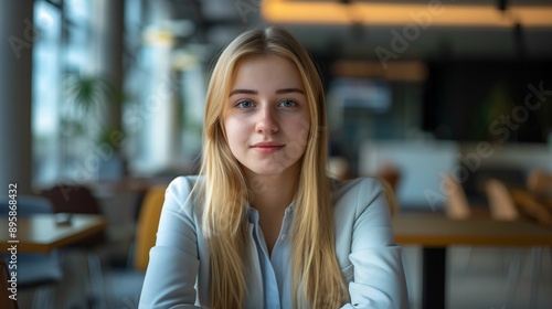 Beautiful blonde girl sitting in front of an office desk in a corporate setting.