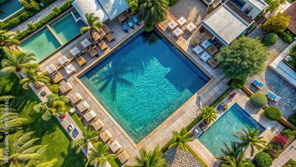 Fototapeta premium Aerial view of luxurious pool and exterior in resort, resort, aerial view, pool, luxurious, vacation, relaxation