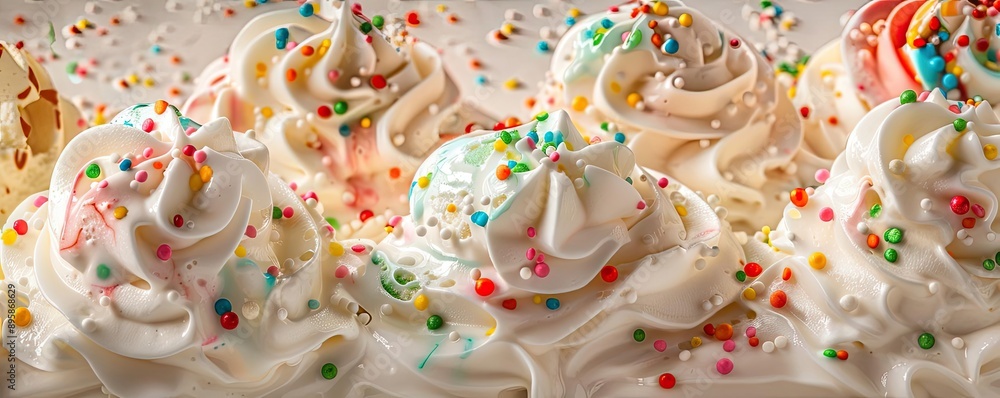 Close-up of colorful whipped cream swirls with sprinkles, creating a vibrant and delicious dessert topping. Close-up of colorful whipped cream swirls with sprinkles, creating a vibrant and delicious dessert topping.