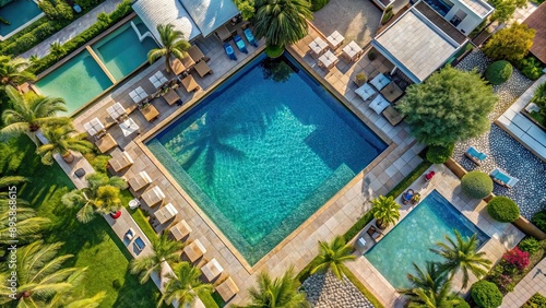 Aerial view of luxurious pool and exterior in resort, resort, aerial view, pool, luxurious, vacation, relaxation