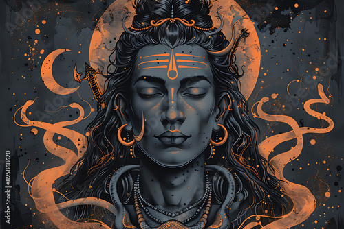 Shiva, a prominent deity in Hinduism, depicted with a crescent moon on his head, and a snake coiled around his neck