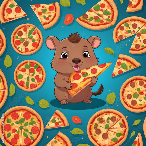 Cute cartoon capybara with pizza	
