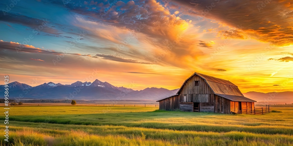 Serene rural landscape at sunset with a rustic barn, wide open field, and distant mountains under a beautiful orange sky Serene rural landscape at sunset with a rustic barn, wide open field, and distant mountains under a beautiful orange sky
