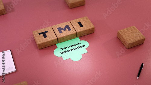 TMI abbreviation of Too much information, 3D acronym wood text block concept background photo