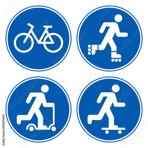 Bike, scooter icon, roller skate, inline skating symbol, road sign set