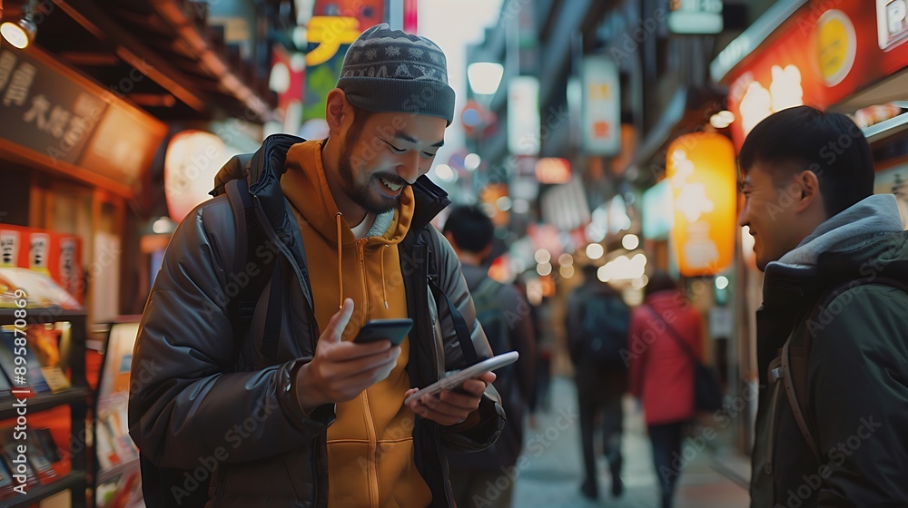 Exploring the world with the help of a translation app, a traveler interacts with a local in a foreign country while the app’s interface displays phrases in both languages to aid communication Exploring the world with the help of a translation app, a traveler interacts with a local in a foreign country while the app’s interface displays phrases in both languages to aid communication