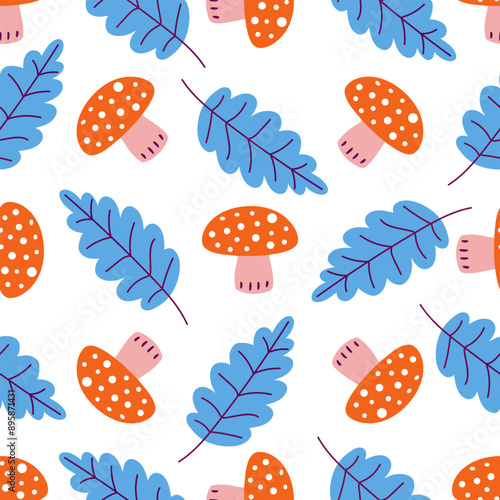 Mushrooms and fall leaves. Seamless pattern of fly agaric, amanita red mushooms with white dots and blue leaves. Autumnal design for fabric, textile. Isolated on white background. Vector illustration. photo