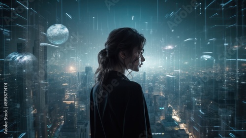 Photograph of a visionary female architect standing amidst a futuristic cityscape, her eyes filled with the possibilities of tomorrow's architecture.
