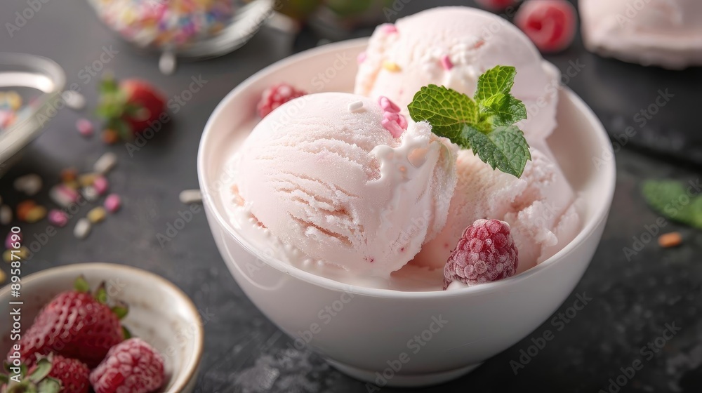Delicious strawberry ice cream scoops with mint and berries in a white bowl on a dark background. Perfect for summer dessert themes. Delicious strawberry ice cream scoops with mint and berries in a white bowl on a dark background. Perfect for summer dessert themes.