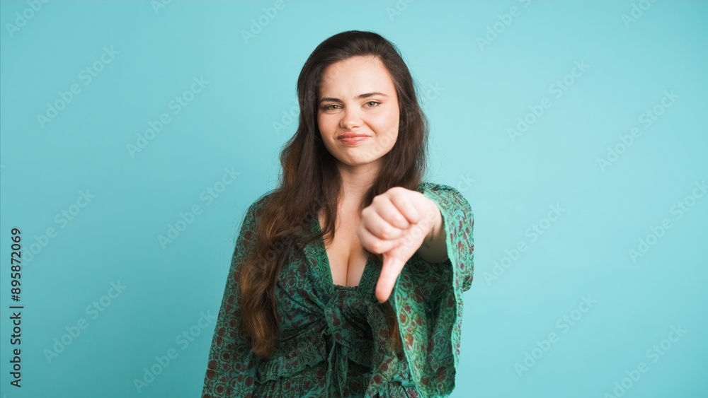 Fototapeta premium Sad young woman showing thumb down in blue studio