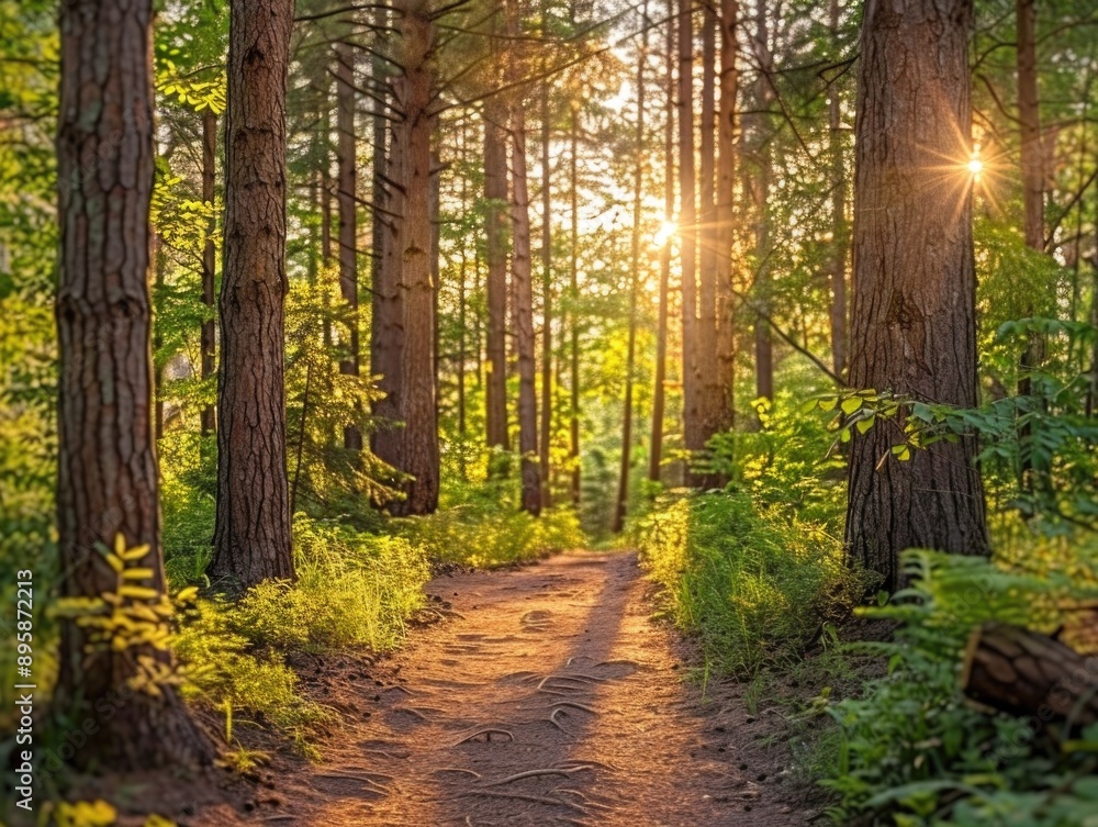 Fototapeta premium Serene Forest Stroll: Pathway Through Sunlit Woods for Relaxation and Wellness