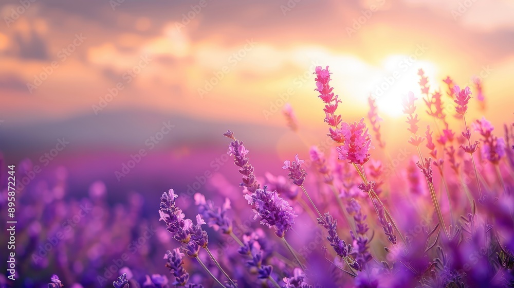 Naklejka premium Stunning Lavender Field at Sunset: A Breathtaking Natural Landscape