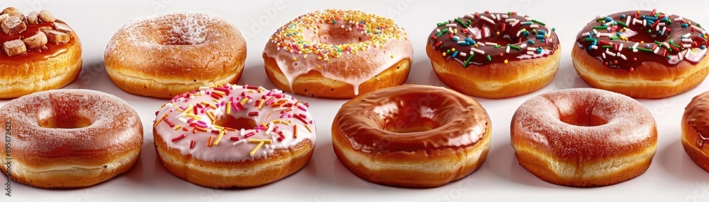 A delightful variety of colorful glazed donuts with sprinkles and toppings, perfect for breakfast or snack time bakery treats. A delightful variety of colorful glazed donuts with sprinkles and toppings, perfect for breakfast or snack time bakery treats.