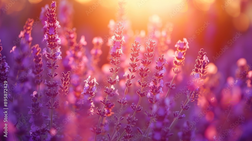 Vibrant Purple Lavender Field Illuminated by Warm Sunlight Vibrant Purple Lavender Field Illuminated by Warm Sunlight