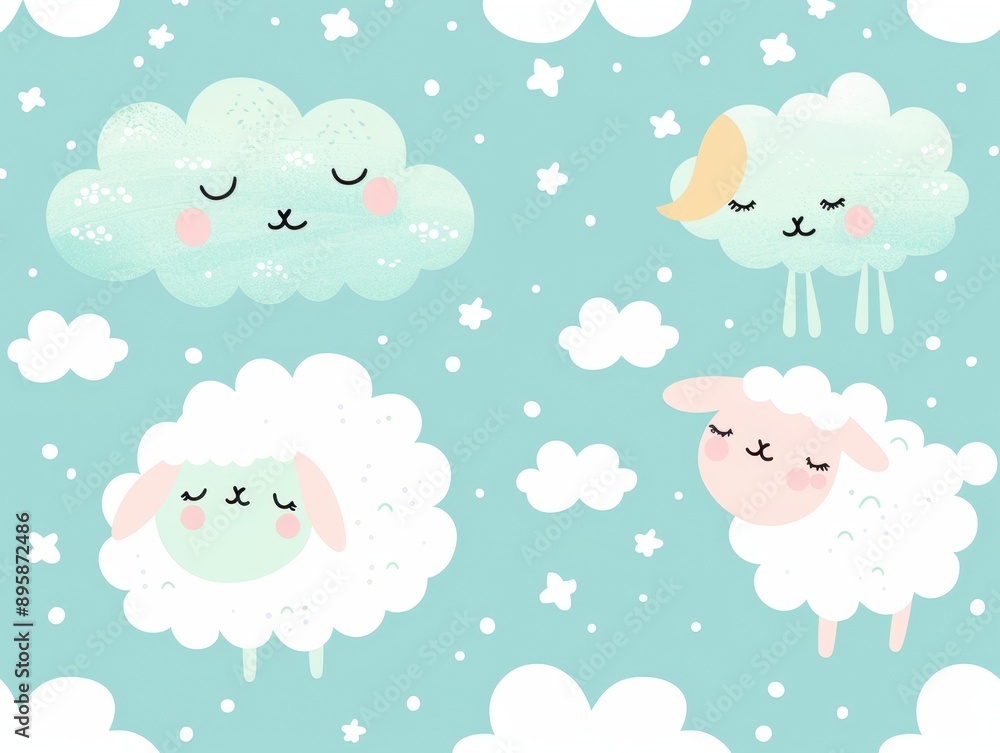 Kawaii sheep, cloud motifs and soft tones, flat design illustration Kawaii sheep, cloud motifs and soft tones, flat design illustration