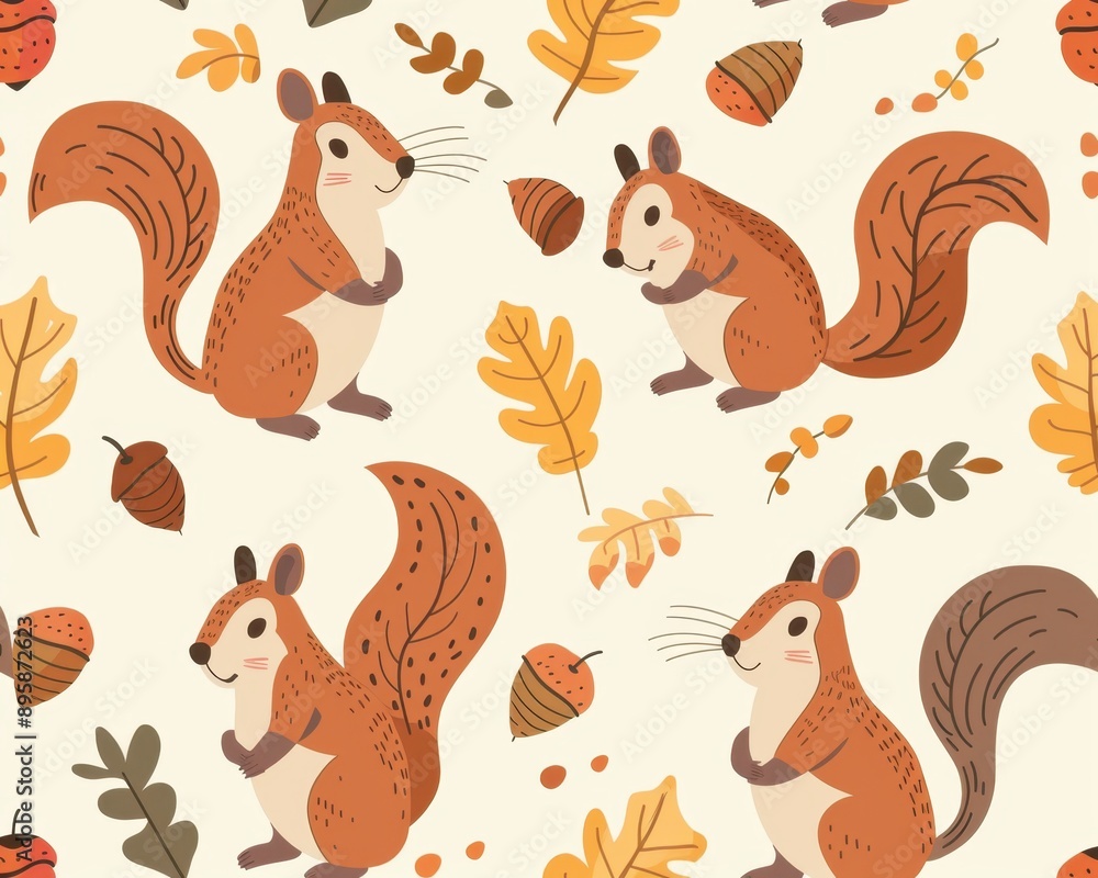 Obraz premium Sweet squirrels, acorn patterns and autumn hues, flat design illustration
