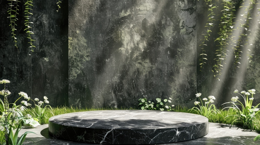 Black granite product display podium in a green room with grass flowers and sunshine, perfect for organic and natural themes Black granite product display podium in a green room with grass flowers and sunshine, perfect for organic and natural themes