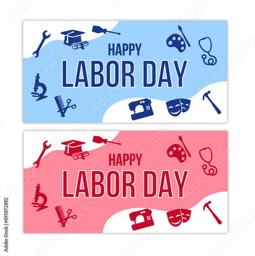 set of labor day banners with profession icons and stars